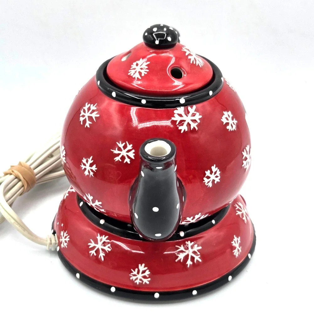 VINTAGE 2004 Red & Black Ceramic Snowman Teapot with Warmer